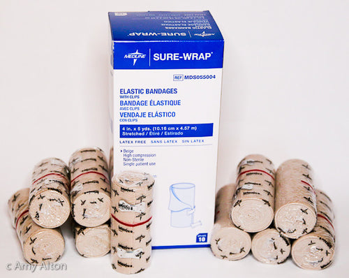 Ace Wraps 4 inches by 15 feet, hypoallergenic non-latex. Set of 4 per order.