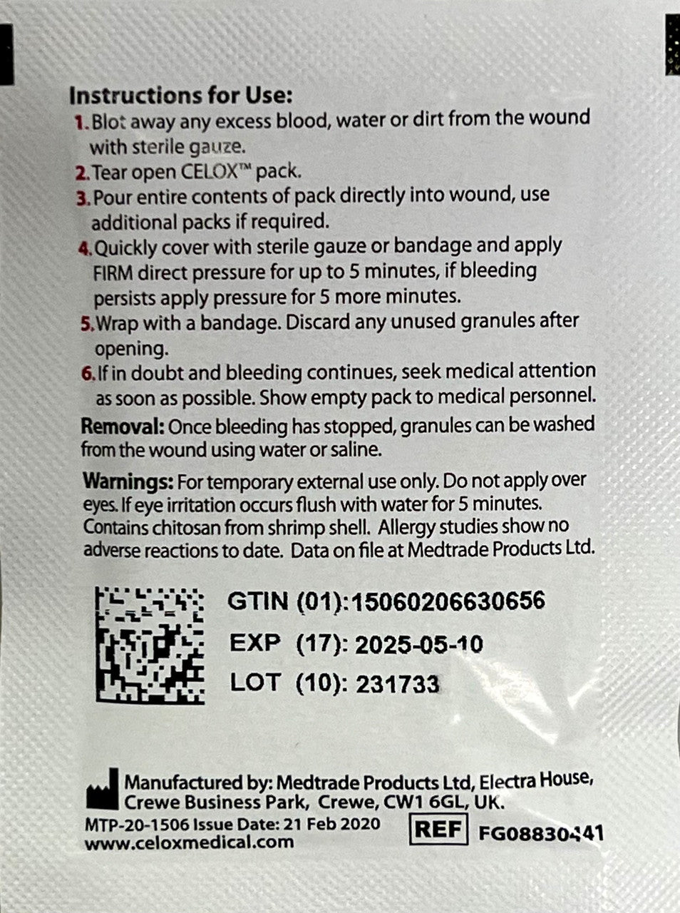 Celox Granules 2 gram Packets front of package