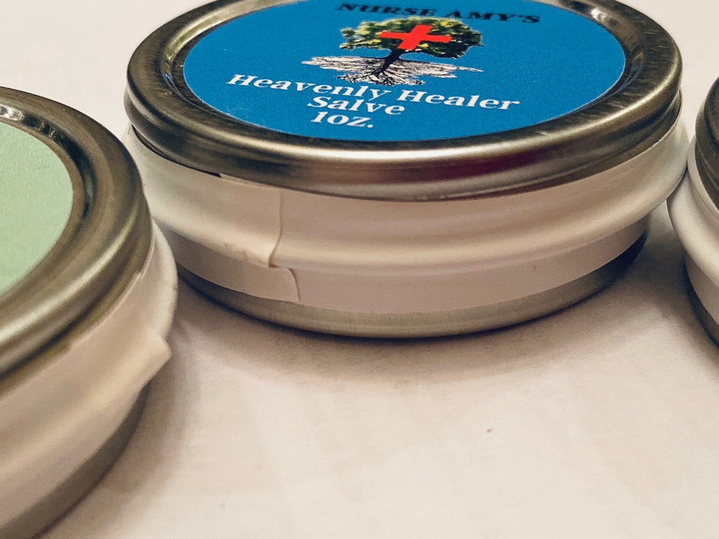 Nurse Amy's Herbal Salves with sealed edges to prevent leakage