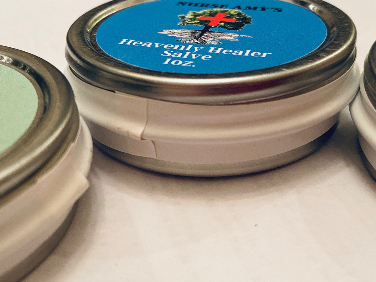 Nurse Amy's Herbal Salves with sealed edges to prevent leakage