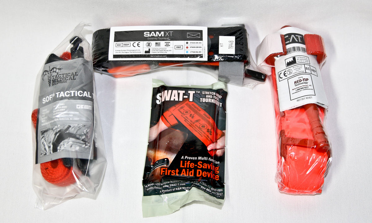 Tourniquets: SAM XT, CAT, SOFT-T and SWAT (Not available in gunshot kits), See our videos on each tourniquet to learn the proper use and application.